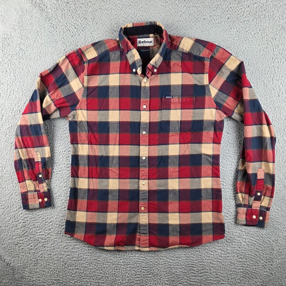 Barbour Shirt Mens L Red Brown Gray Plaid Valley Tailored Flannel